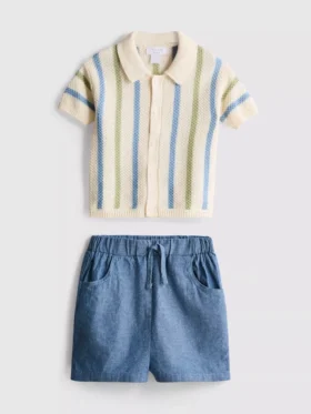 0-12 luni | Set compus din cămășă polo din tricot cu dungi și pantaloni scurți