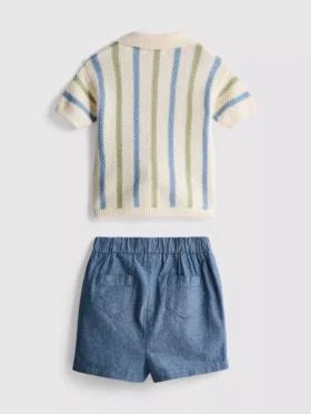 0-12 luni | Set compus din cămășă polo din tricot cu dungi și pantaloni scurți