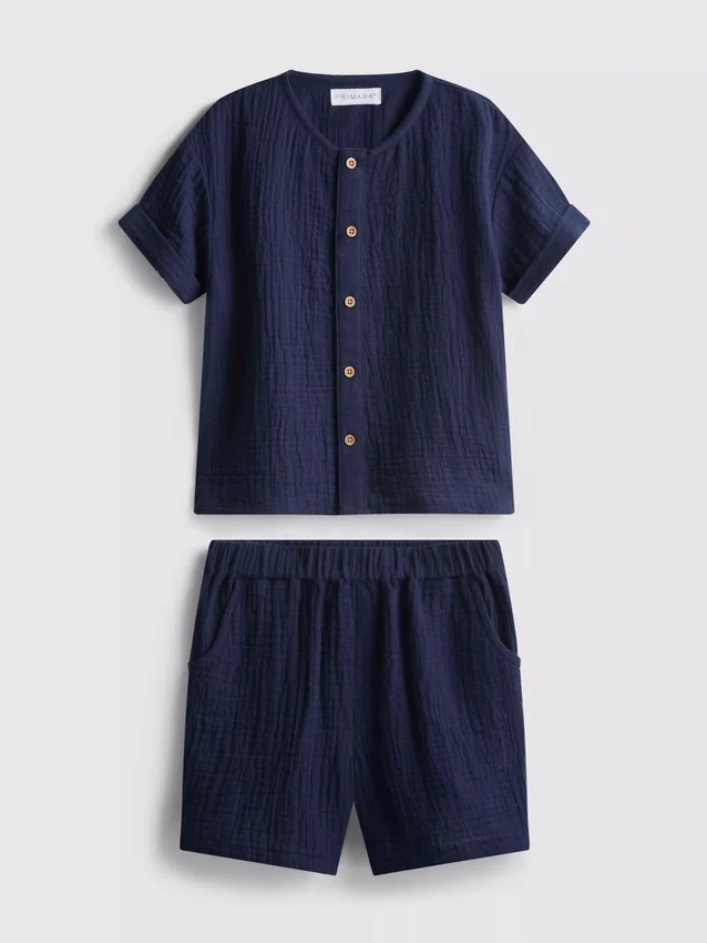 0-24 luni | Set cămașă și pantaloni scurți din pânză de brânză 0-24 luni | Set cămașă și pantaloni scurți din pânză de brânză
