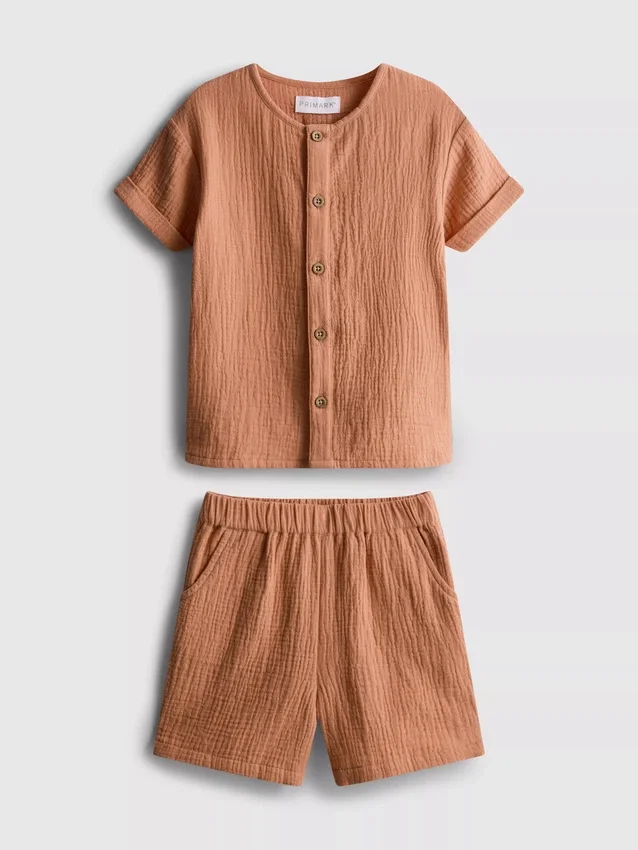 0-24 luni | Set cămașă și pantaloni scurți din pânză de brânză 0-24 luni | Set cămașă și pantaloni scurți din pânză de brânză