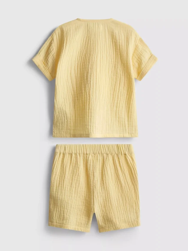 0-24 luni | Set cămașă și pantaloni scurți din pânză de brânză 0-24 luni | Set cămașă și pantaloni scurți din pânză de brânză