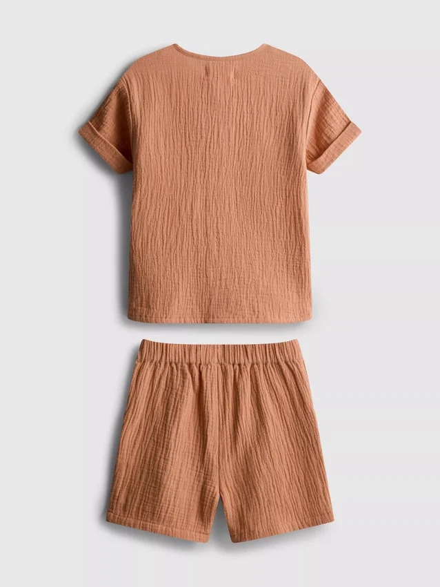 0-24 luni | Set cămașă și pantaloni scurți din pânză de brânză 0-24 luni | Set cămașă și pantaloni scurți din pânză de brânză
