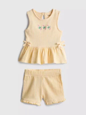 0-36 luni | Set compus din bluză cu tiv peplum brodat cu motive florale și pantaloni scurți
