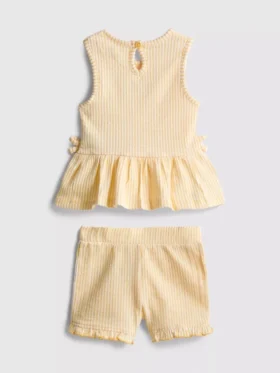 0-36 luni | Set compus din bluză cu tiv peplum brodat cu motive florale și pantaloni scurți