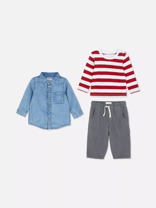 0-36 luni | Set compus din tricou cu mâneci lungi, pantaloni și cămășă din denim 0-36 luni | Set compus din tricou cu mâneci lungi, pantaloni și cămășă din denim