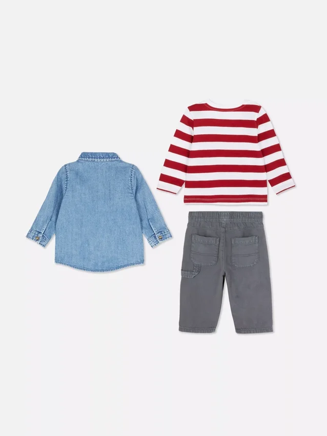 0-36 luni | Set compus din tricou cu mâneci lungi, pantaloni și cămășă din denim 0-36 luni | Set compus din tricou cu mâneci lungi, pantaloni și cămășă din denim