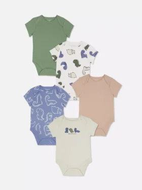 0-36 luni | Set de 5 body-uri cu mâneci scurte și imprimeu cu dinozauri