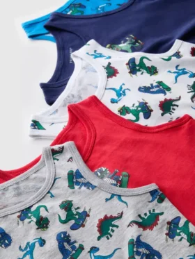 1,5-10 ani | Set de 5 tricouri fără mâneci cu imprimeu de dinozauri