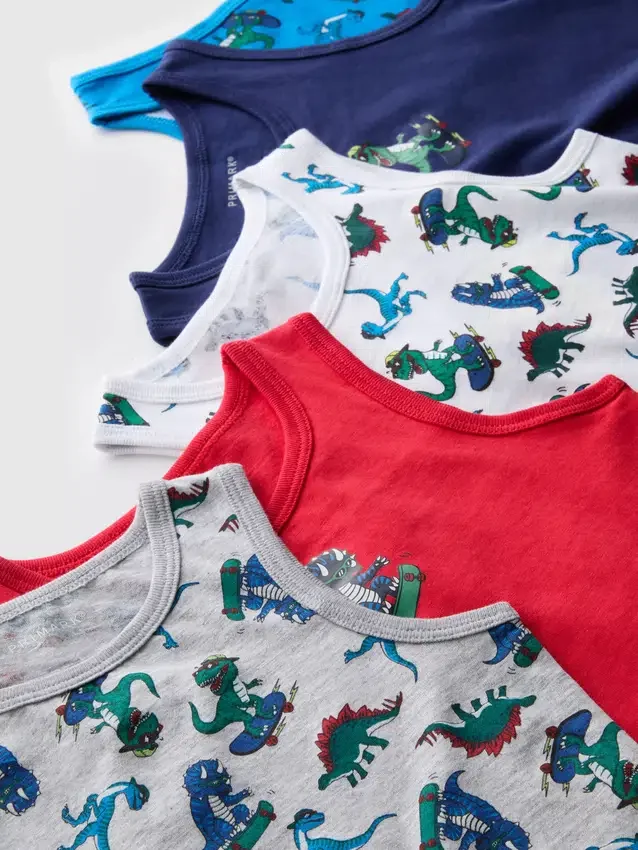 1,5-10 ani | Set de 5 tricouri fără mâneci cu imprimeu de dinozauri 1,5-10 ani | Set de 5 tricouri fără mâneci cu imprimeu de dinozauri