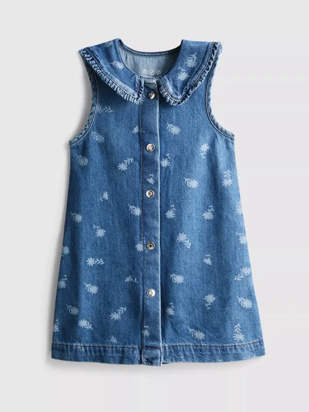 1,5–8 ani | rochie din denim fără mâneci, cu guler și imprimeu floral 1,5–8 ani | rochie din denim fără mâneci, cu guler și imprimeu floral