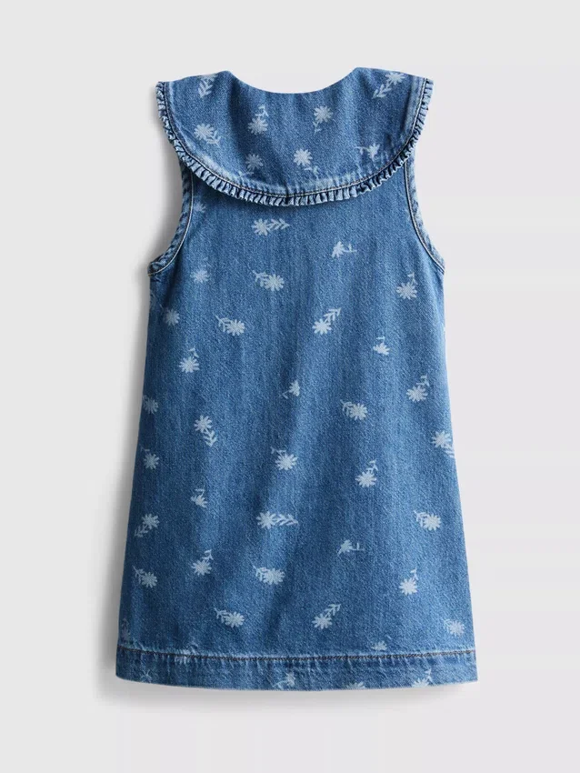 1,5–8 ani | rochie din denim fără mâneci, cu guler și imprimeu floral 1,5–8 ani | rochie din denim fără mâneci, cu guler și imprimeu floral