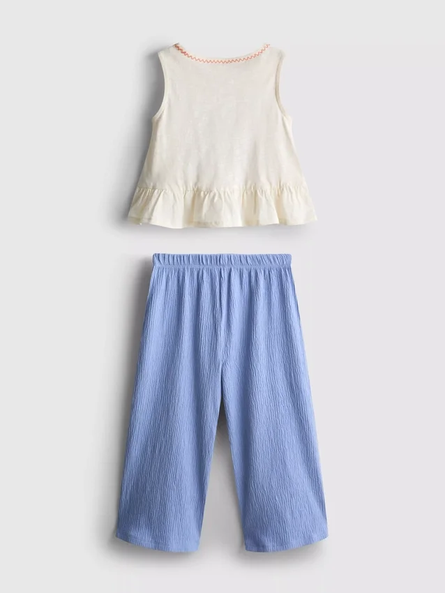 1,5-8 ani | Set compus din bluză cu peplum brodată și pantaloni 1,5-8 ani | Set compus din bluză cu peplum brodată și pantaloni