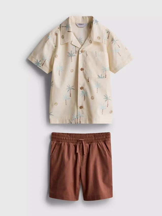 1,5-8 ani | Set de cămașă și pantaloni scurți din bumbac slub 1,5-8 ani | Set de cămașă și pantaloni scurți din bumbac slub
