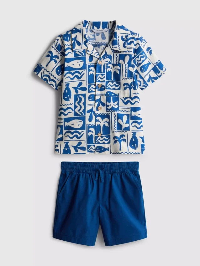 1,5-8 ani | Set de cămașă și pantaloni scurți din bumbac slub 1,5-8 ani | Set de cămașă și pantaloni scurți din bumbac slub