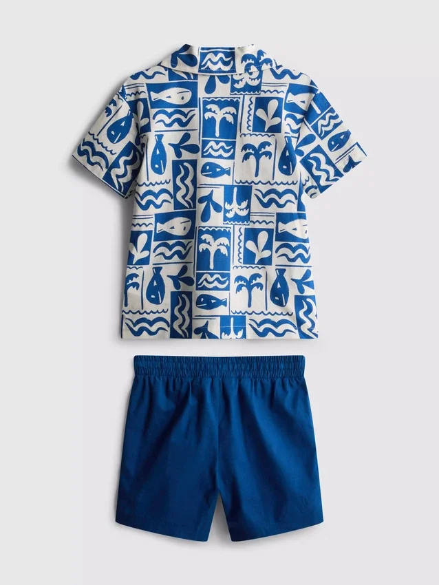 1,5-8 ani | Set de cămașă și pantaloni scurți din bumbac slub 1,5-8 ani | Set de cămașă și pantaloni scurți din bumbac slub