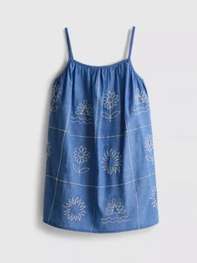 1,5–9 ani | rochie cu bretele din chambray brodată