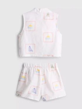 1,5-9 ani | Set brodat format din cămășă fără mâneci și pantaloni scurți