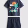 1,5–9 ani | Set de tricou și pantaloni scurți cu imprimeu tropical flocat