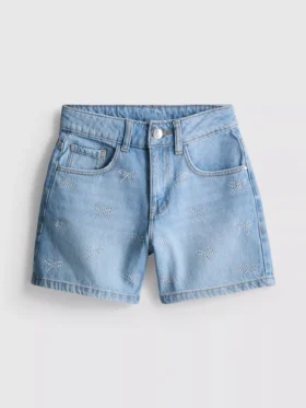 7-15 ani | Pantaloni Scurți din denim cu fundă din strasuri