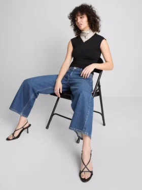 Blugi cropped din denim cu croi larg