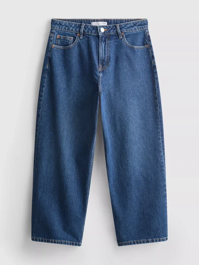 Blugi cropped din denim cu croi larg Blugi cropped din denim cu croi larg