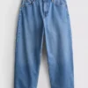 Blugi cropped din denim cu croi larg Blugi cropped din denim cu croi larg