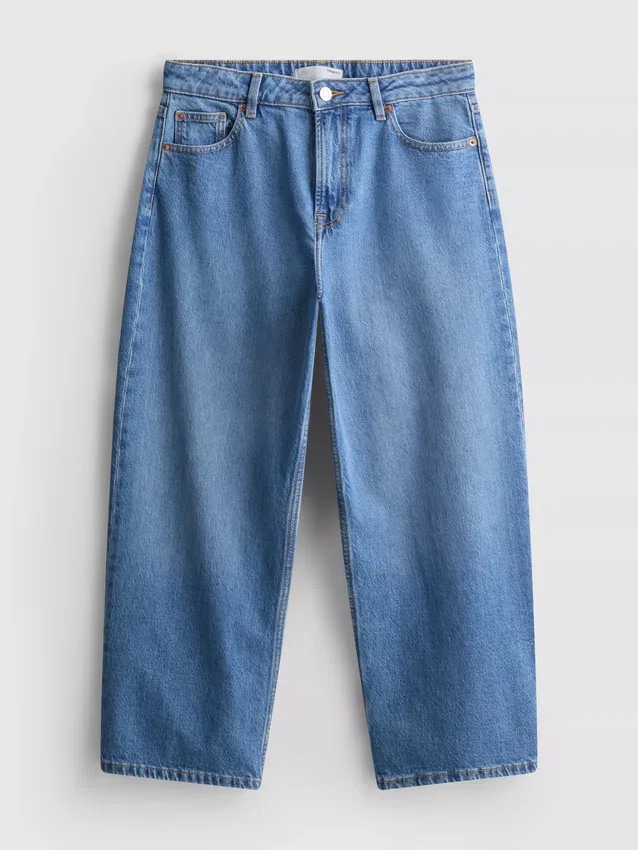 Blugi cropped din denim cu croi larg Blugi cropped din denim cu croi larg