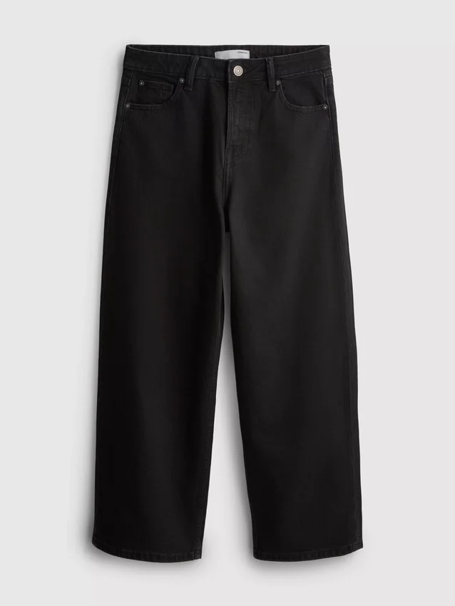 Blugi cropped din denim cu croi larg Blugi cropped din denim cu croi larg
