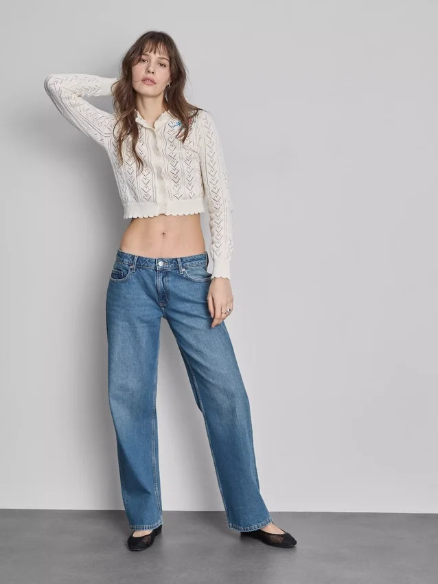Blugi din denim cu talie joasă, croi drept și lejer Blugi din denim cu talie joasă, croi drept și lejer