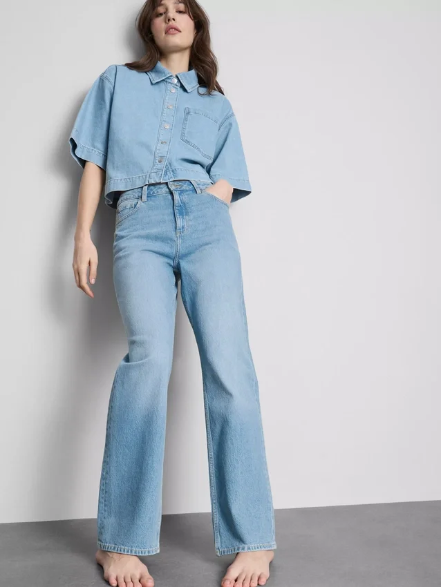 Blugi din denim de bumbac cu croi drept Blugi din denim de bumbac cu croi drept