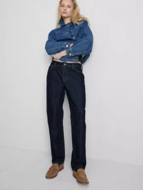 Blugi din denim de bumbac cu talie medie și croi drept