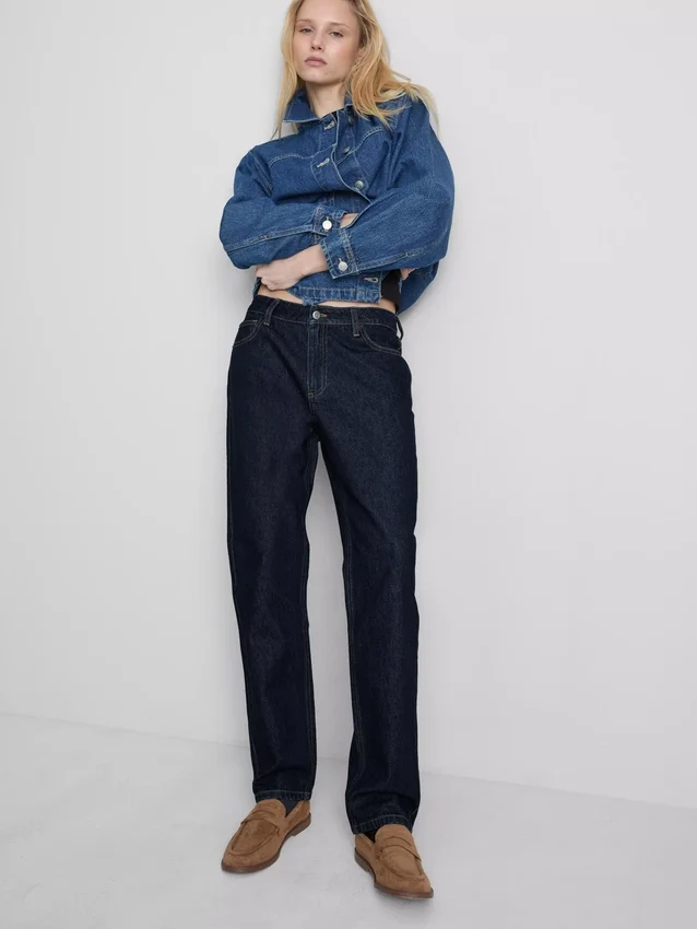 Blugi din denim de bumbac cu talie medie și croi drept Blugi din denim de bumbac cu talie medie și croi drept