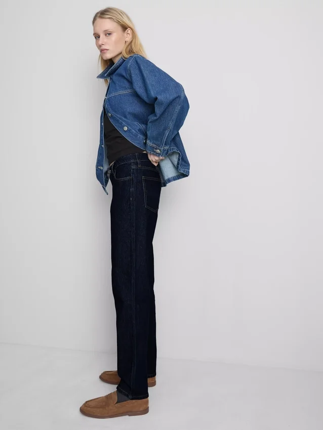 Blugi din denim de bumbac cu talie medie și croi drept Blugi din denim de bumbac cu talie medie și croi drept