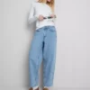 Blugi din denim de bumbac, cu talie înaltă și croi conic Blugi din denim de bumbac, cu talie înaltă și croi conic