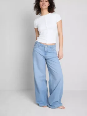 Blugi din denim de bumbac, talie medie, croi larg