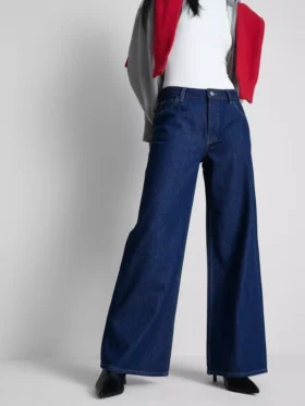 Blugi din denim de bumbac, talie medie, croi larg
