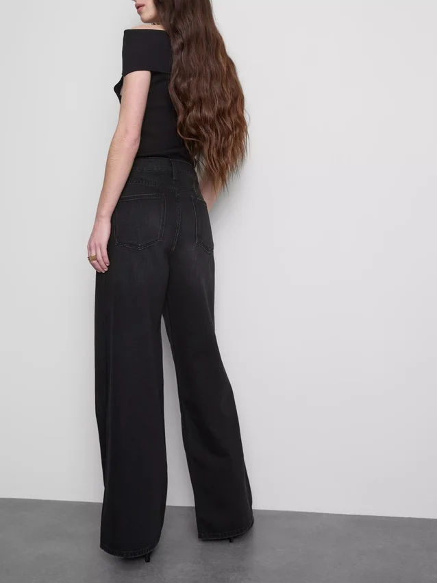 Blugi din denim de bumbac, talie medie, croi larg Blugi din denim de bumbac, talie medie, croi larg