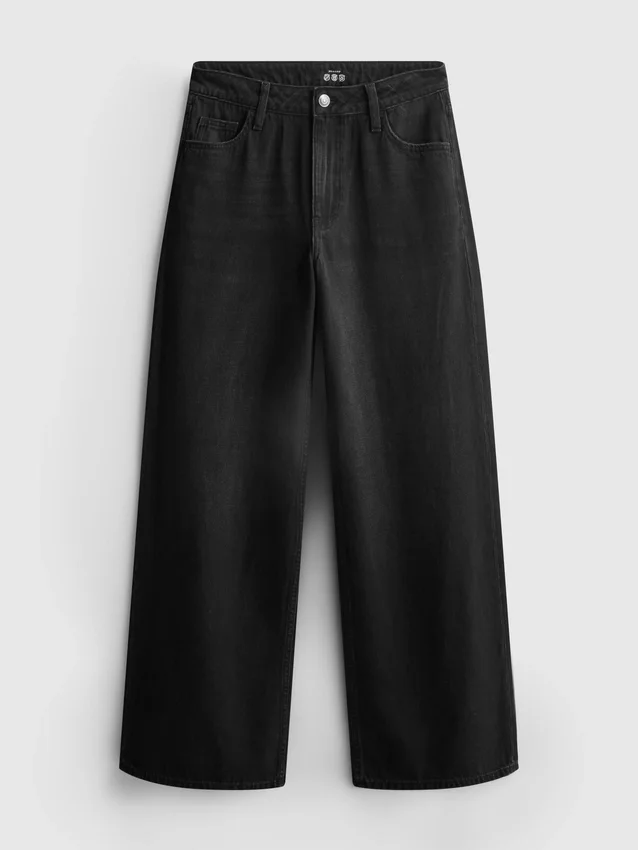 Blugi din denim de bumbac, talie medie, croi larg Blugi din denim de bumbac, talie medie, croi larg