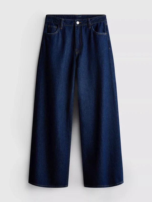Blugi din denim de bumbac, talie medie, croi larg Blugi din denim de bumbac, talie medie, croi larg