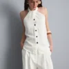 Bluză cu guler halter, texturată, cu nasturi Bluză cu guler halter, texturată, cu nasturi