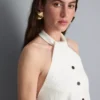 Bluză cu guler halter, texturată, cu nasturi Bluză cu guler halter, texturată, cu nasturi