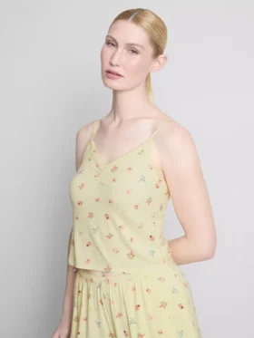 Bluză de pijama cu bretele, cu model floral și nervuri