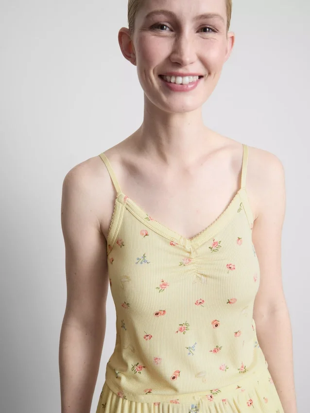 Bluză de pijama cu bretele, cu model floral și nervuri Bluză de pijama cu bretele, cu model floral și nervuri
