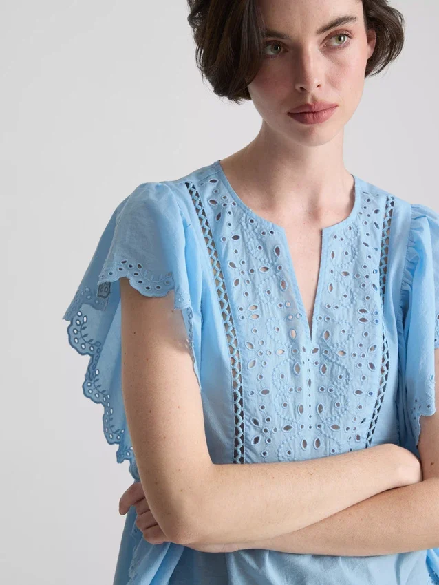 Bluză din bumbac cu mâneci festonate și broderie Bluză din bumbac cu mâneci festonate și broderie