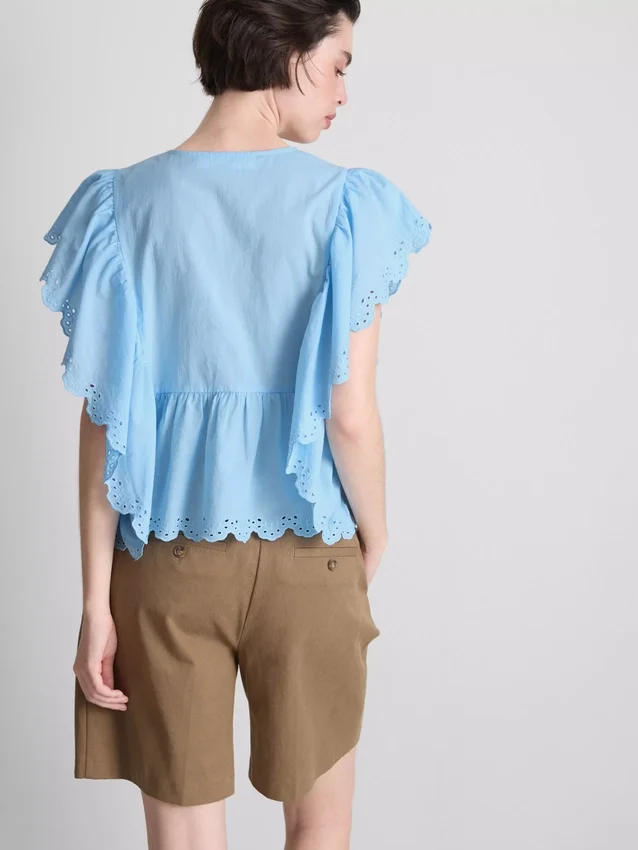 Bluză din bumbac cu mâneci festonate și broderie Bluză din bumbac cu mâneci festonate și broderie