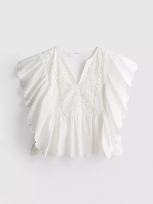 Bluză din bumbac cu mâneci festonate și broderie Bluză din bumbac cu mâneci festonate și broderie
