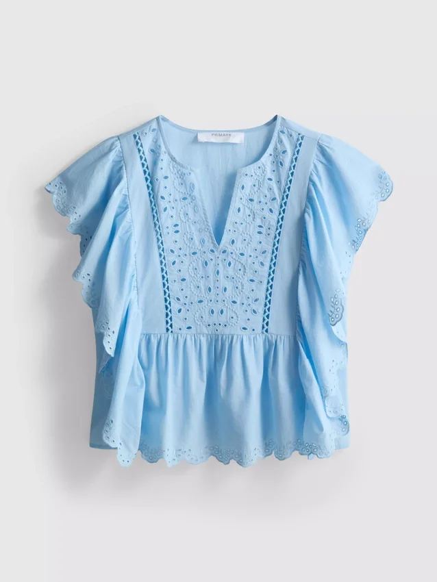 Bluză din bumbac cu mâneci festonate și broderie Bluză din bumbac cu mâneci festonate și broderie