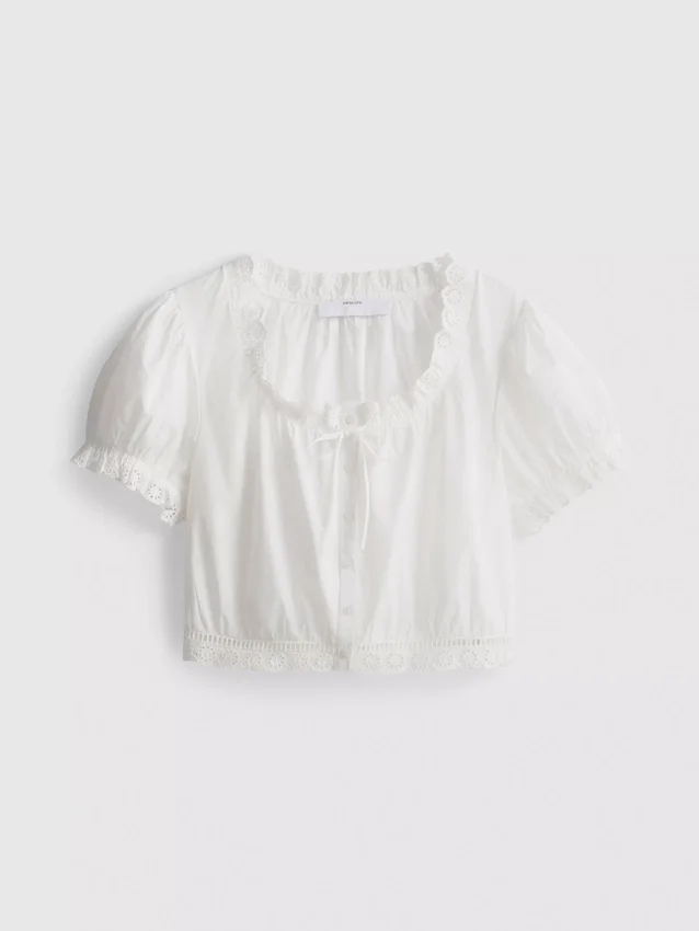 Bluză scurtă din poplin de bumbac cu mâneci bufante Bluză scurtă din poplin de bumbac cu mâneci bufante