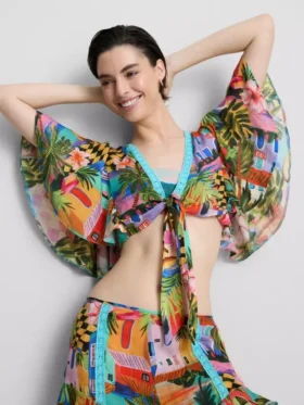 Cămășă scurtă cu imprimeu tropical și cravată