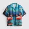 Cămașă cu mâneci scurte și nasturi, cu imprimeu de flamingo Cămașă cu mâneci scurte și nasturi, cu imprimeu de flamingo